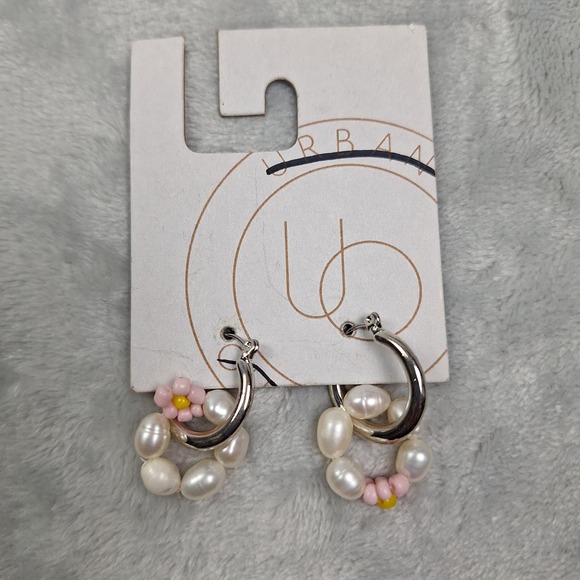 Urban Outfitters Jewelry - Urban Outfitters Silver Hoop‎ Earrings with Pearls and Pink Flower Charms
